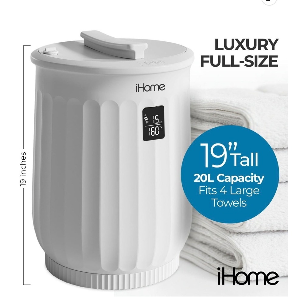 iHome 20L Luxury Towel Warmer Bucket White LED Display Aromatherapy 19in Tall